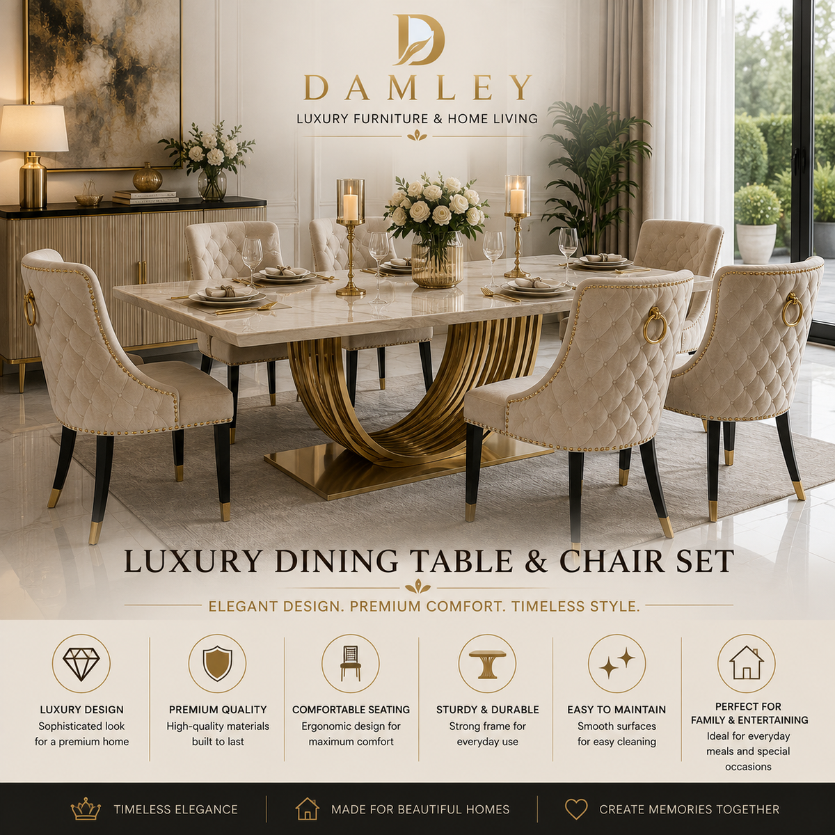 DAMLEY Luxury Marble Dining Table & Chair Set
